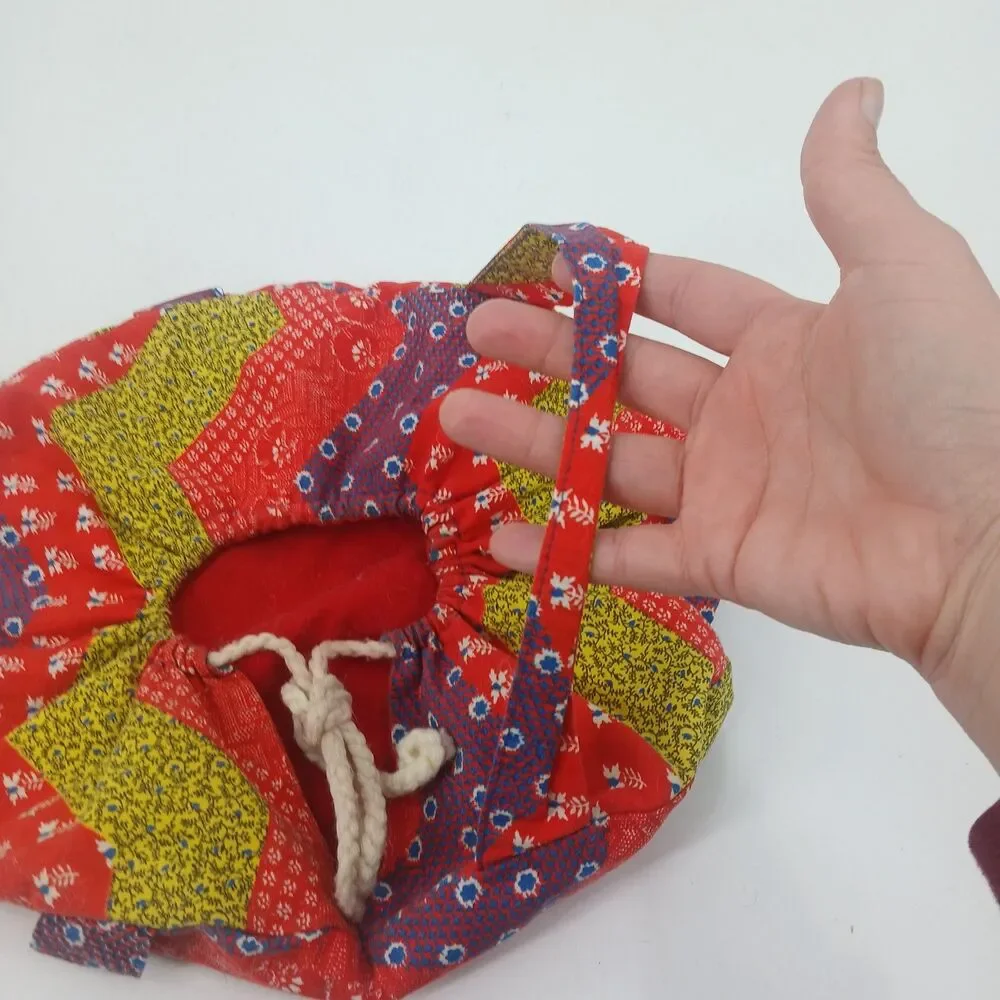 Handmade Womens Floral Geometric Quilted Fabric Drawstring Makeup Pouch Bag